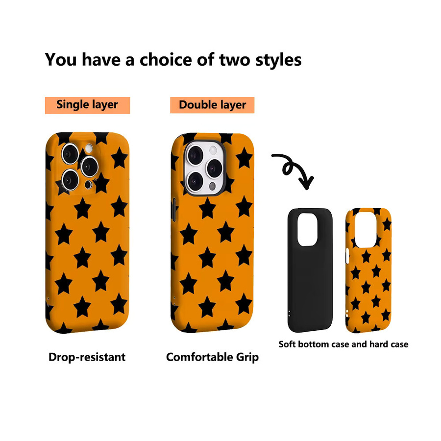Potdemiel Handyhülle mit Sternmuster in Orange und Schwarz für iPhone 17 16 15 14 13 12 11 Pro Max Plus mit doppelschichtiger Rückseite - Bild 3