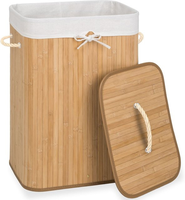 tectake Wäschekorb aus Bambus mit Deckel und herausnehmbarem Wäschesack in Beige, B/T/H: 42 x 31,5 x 60 cm - Bild 1