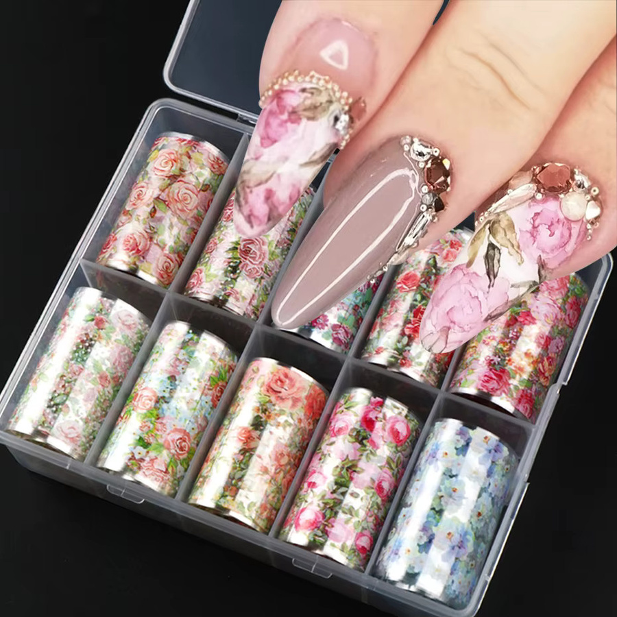 Full Beauty Rosenblüten-Nagelfolien-Transferaufkleber, 10 Rollen, Blumenmuster - Bild 2
