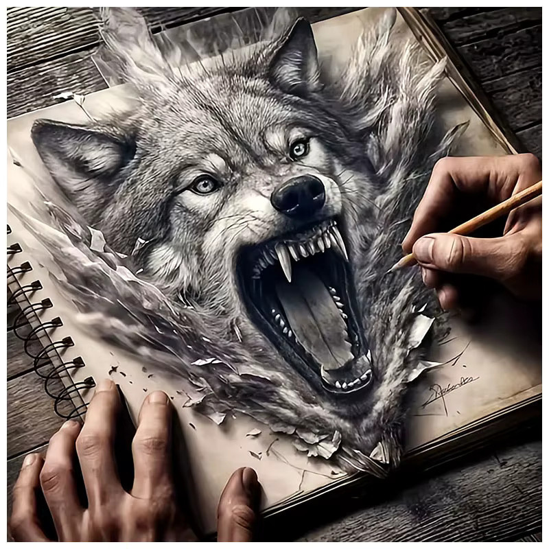 HUACAN Diamant-Gemälde Wolf in Schwarz und Weiß als modernes Mosaik mit runden Bohrern zur Wanddekoration - Bild 4