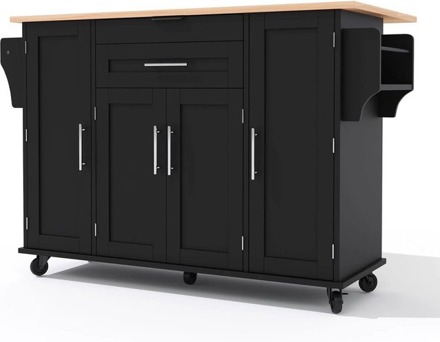 okwish Küchenwagen mit ausziehbarer Arbeitsplatte und Besteckschublade in Schwarz, B/T/H: 136 x 70 x 92 cm - Bild 1