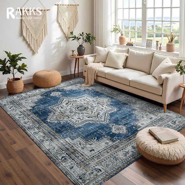 RAKKS Marokkanischer Mandala-Teppich aus blauem Samt, rutschfest und pflegeleicht - Bild 1