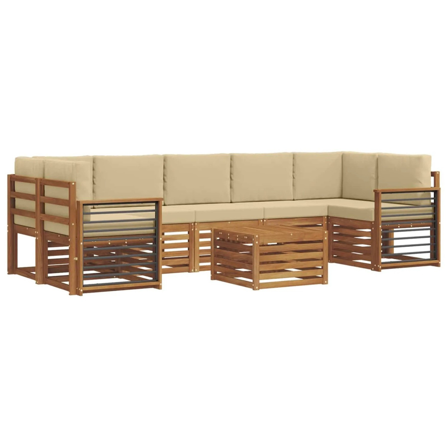 vidaXL Sofagarnitur 8-teilig aus Massivholz Akazie in Natur und Beige mit L-Form und Polsterkissen - Bild 2