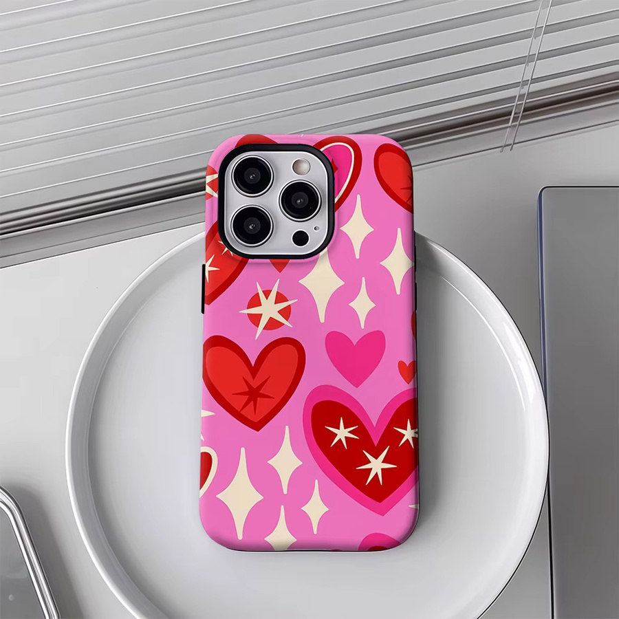 Handyhülle mit Herz- und Sternmuster für Apple iPhone 11 bis iPhone 17 Pro Max Plus in Pink mit doppelschichtiger Rückseite - Bild 4