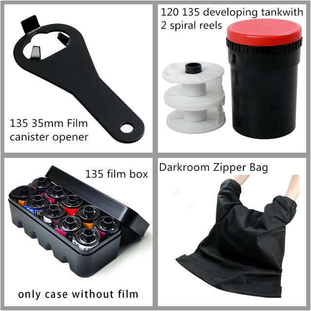 Dunkelkammer-Set zur Filmverarbeitung für 120, 135 und 35 mm in Schwarz mit 8-fachem Vergrößerungsöffner und Timer sowie Filmbox und Filmöffner - Bild 1