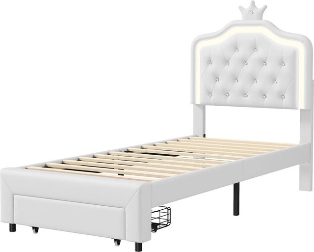 PXloue Kinderbett mit Krone-Kopfteil aus Kunstleder, Weiß, mit LED-Beleuchtung und Schublade, B/T/H: 90 x 200 x 113 cm - Bild 1