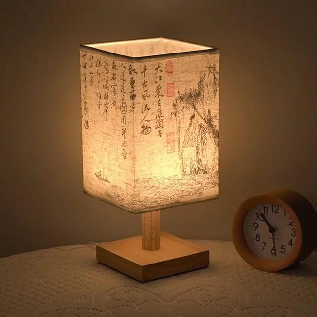 Feimefeiyou LED Tischlampe im orientalischen Stil mit dimmbarer warmweißer Beleuchtung, beige Stoffschirm und Holzfuß - Bild 1