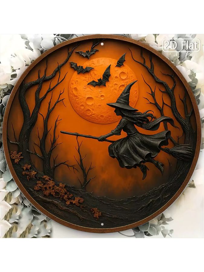 HELLOYOUNG Halloween Metalldekor aus Aluminium mit Hexe auf Besenstiel, Vollmond und Fledermäusen, rundes Wandschild, Durchmesser: 20,3 cm - Bild 4