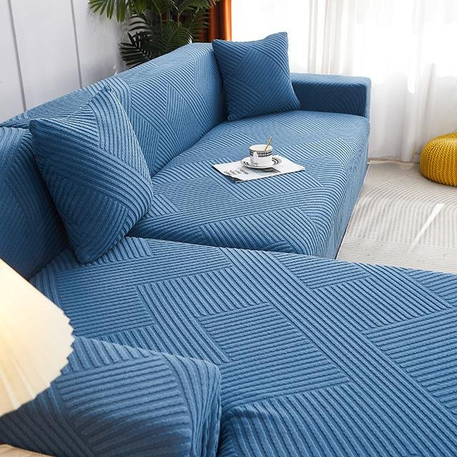 Stretch-Jacquard-Sofa-Schonbezug von airldianer für L-förmige Ecksofas, 4-Sitzer, Blau, einfarbig - Bild 1