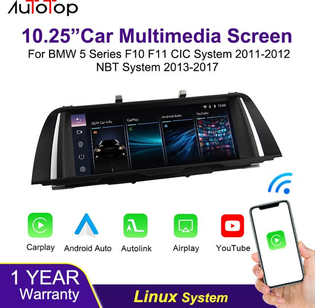 AUTOTOP 10,25 Zoll Linux Auto Multimedia System für BMW 5er F10 F11 (2010-2016) CIC NBT mit Carplay, Android Auto und Youtube in Schwarz - Bild 1