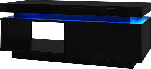 okwish Couchtisch mit LED-Beleuchtung und Schublade in Schwarz, modern und glossy, B: 100 cm, T: 50 cm, H: 40 cm - Bild 1