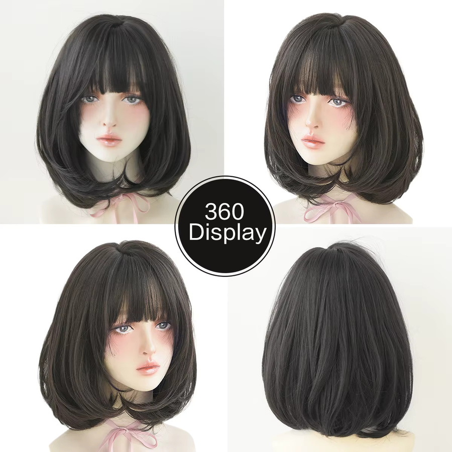 7JHH WIGS Perücke für Damen, kurz, gerade, dunkelbraun, mit Pony - Bild 3