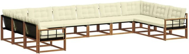 vidaXL Outdoor-Sofagarnitur 10-teilig in U-Form aus massivem Akazienholz mit Textilene und Kissen in Natur und Creme - Bild 1