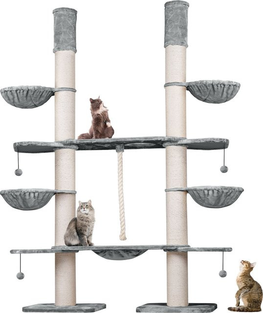 HAPPYPET XXL Kratzbaum-Landschaft für große Katzen mit Deckenspanner aus Plüsch und Sisal, Grau - Bild 1