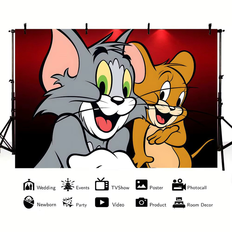 52TOYS Tom und Jerry Fotografie-Hintergrund mit Cartoon-Motiv für Geburtstagsparty-Dekorationen, Mehrfarbig, B: 120 cm, H: 70 cm - Bild 3