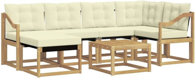 vidaXL 7-tlg. Outdoor-Sofagarnitur in L-Form aus Akazienholz mit Kissen und Polsterung in Weiß und Beige - Bild 1