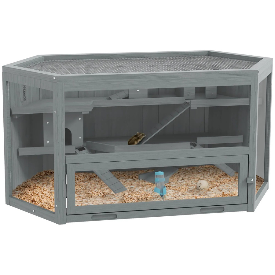 PawHut Hamsterkäfig aus Tannenholz und PS-Plexiglas in Grau, B/H: 60 x 55 cm - Bild 2