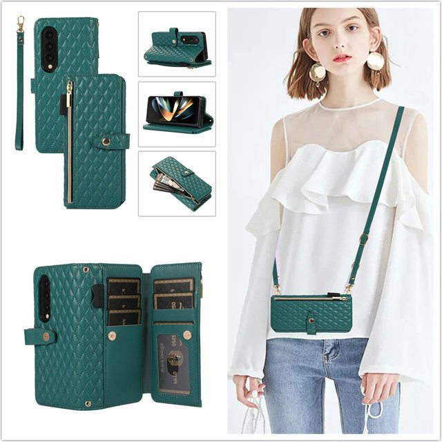 Lanyard Crossbody Rhombic Multi Card Wallet Schultergurt Hülle aus PU Leder für Samsung Galaxy Z Fold 5, Z Fold 4 und Z Fold 3 in Grün - Bild 1