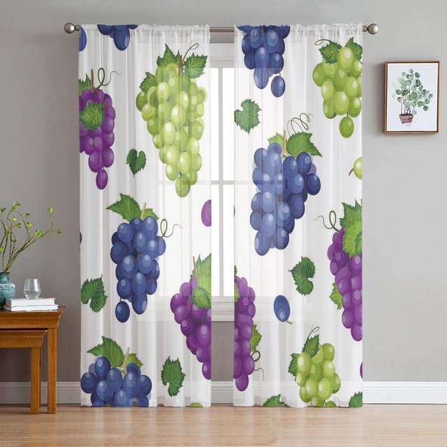 Transparente Bauernhof Trauben Vorhänge aus Tüll und Organza für Wohnzimmer und Küche, 2er-Set, Farbe: Transparent/Mehrfarbig, Breite: 135 cm, Höhe: 245 cm - Bild 1