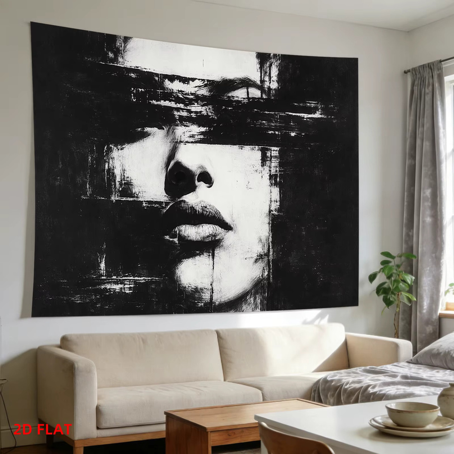 VIKAMA Wandteppich mit abstraktem Porträt in Schwarz-Weiß, moderner minimalistischer Wandbezug zur Raumdekoration - Bild 4