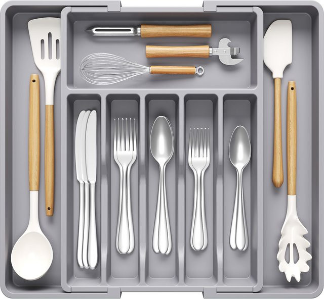 Erweiterbare Utensilienablage von Untior in Grau, BPA-freier und verstellbarer Besteckhalter aus Kunststoff für Messer, Gabeln und Löffel - Bild 1