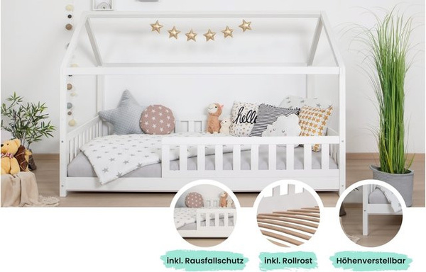 TiCAA Kinderbett Hausbett Kay aus Kiefer Massivholz, Farbe Weiß, B/T/H: 120 x 200 cm, Montessori Bett mit Rolllattenrost und variablem Rausfallschutz