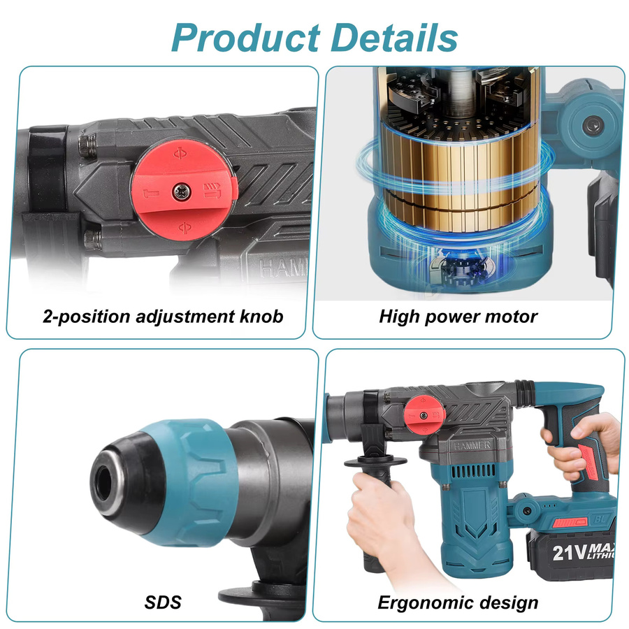 Makita 2200W Bürstenloser Elektro-Schlagbohrer und Akku-Schrauber mit 26mm Bohreraufnahme, kompatibel mit Makita LXT 18V Akkus, Blau - Bild 3