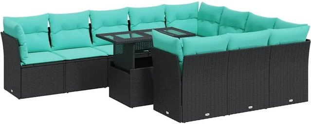 vidaXL 11-teilige Garten-Sofagarnitur aus Poly-Rattan mit Kissen in Schwarz - Bild 1
