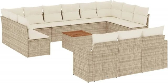 vidaXL 14-tlg. Garten-Sofagarnitur in L-Form aus Poly-Rattan und Akazienholz mit Kissen in Beige und Cremeweiß - Bild 1
