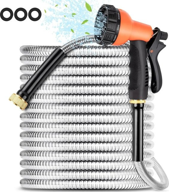 Edelstahl-Gartenschlauch in Silber mit 10 Funktionen und verstellbarer Sprühdüse, 75 Fuß flexibler Metall-Wasserschlauch - Bild 1