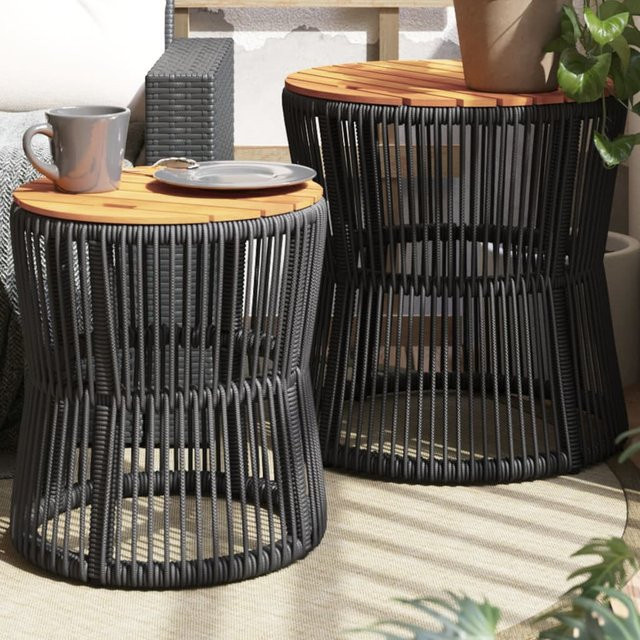 vidaXL Garten-Beistelltische Set aus 2 Stück, Schwarz, Polyrattan und Akazienholz mit runden Platten - Bild 3