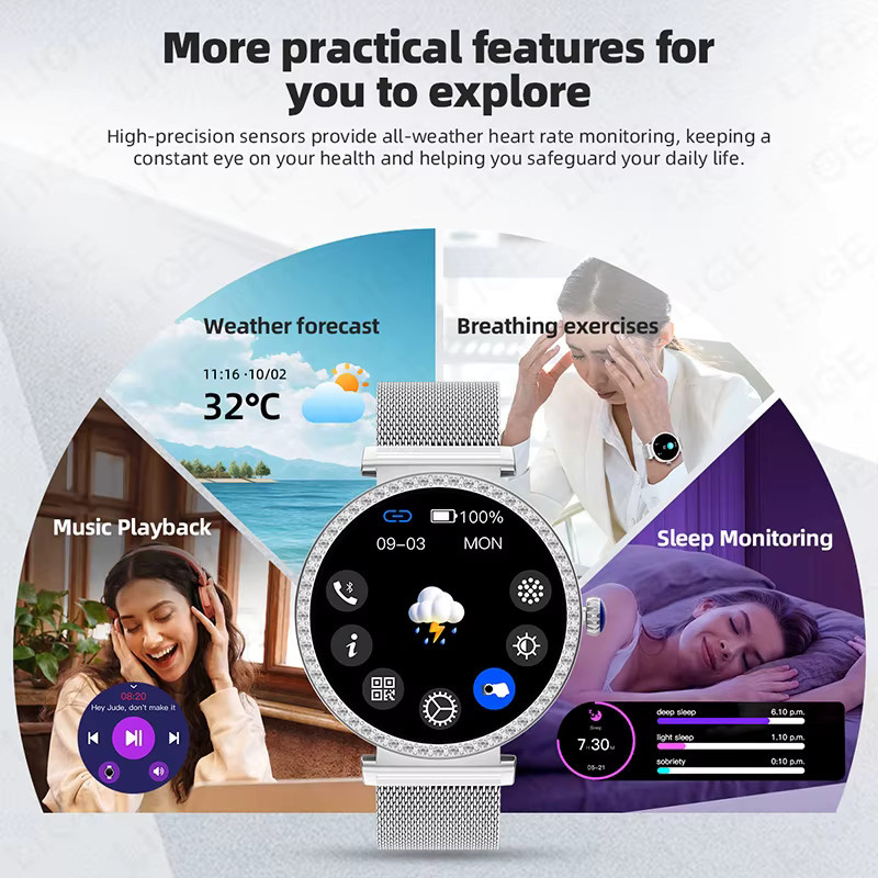 LIGE Smartwatch, Damen, Schwarz, Edelstahl, GPS, Herzfrequenz - Bild 5