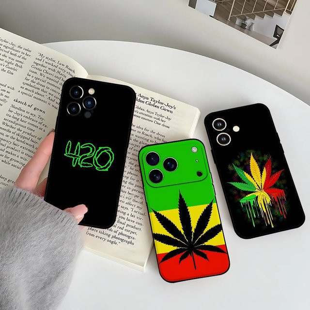 Leaf Weed Handyhülle im Smoking-Design für iPhone 17 16 15 14 13 12 11 Pro Max Plus in Schwarz - Bild 1
