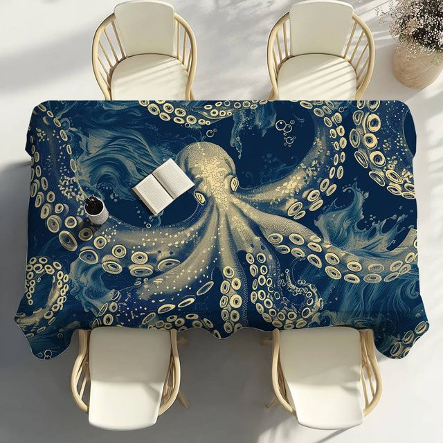 Wasserdichte und fleckenabweisende Oktopus Tischdecke von Fancy Style Studio in Blau, B/L: 100 x 140 cm - Bild 1
