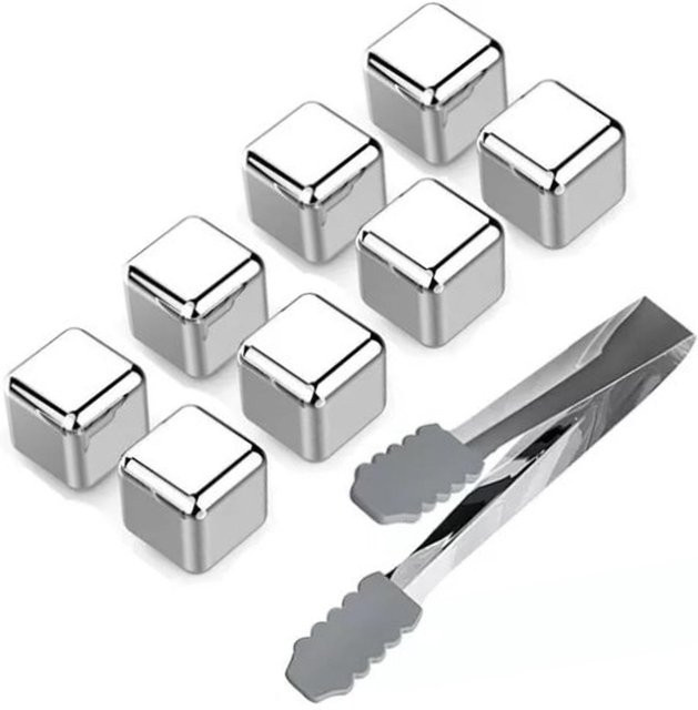 8 Stück mfySpace Metall-Eiswürfel aus 304 Edelstahl in Silber mit Eiswürfelzange für Whiskey und Getränke - Bild 1