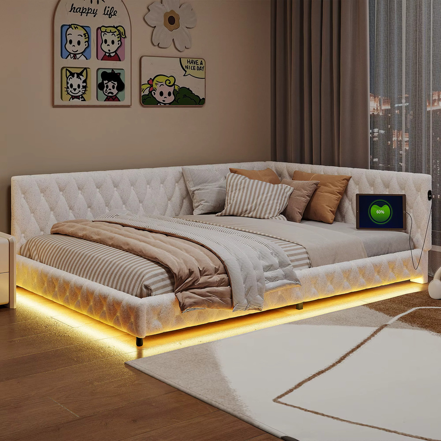 FEEOHOME Polsterbett Schlafsofa mit LED-Beleuchtung und USB-Ladeanschluss aus Teddy-Samtstoff in Beige, B/T: 140 x 200 cm - Bild 3