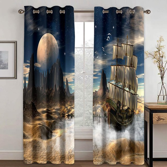 Yishan Fengshun Vorhang mit Segel- und Drachenboot-Motiv in Blau, 2er-Set, halbtransparent, B: 50 cm, H: 130 cm - Bild 1