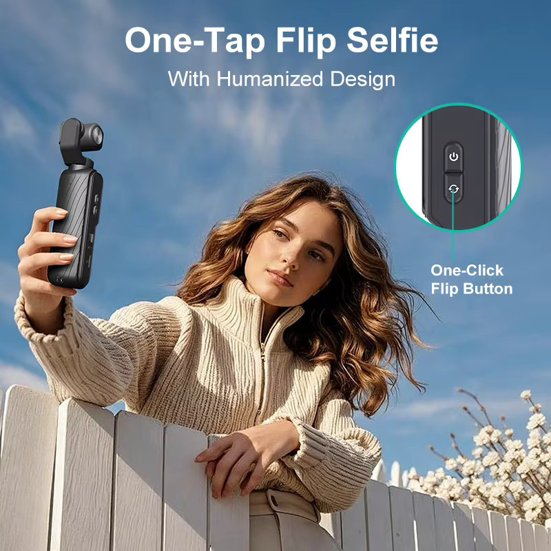 Ourlife 4K Pocket Gimbal Actionkamera mit 75MP, 330 Grad Rotation, Auto-Tracking und 1,7-Zoll-Touchscreen in Schwarz - Bild 2