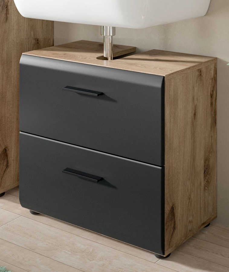 Waschbeckenunterschrank Cover in Schwarz und Eiche mit Türen und Innenschubladen, Breite: 60 cm, Höhe: 54 cm, Tiefe: 30 cm - Bild 1