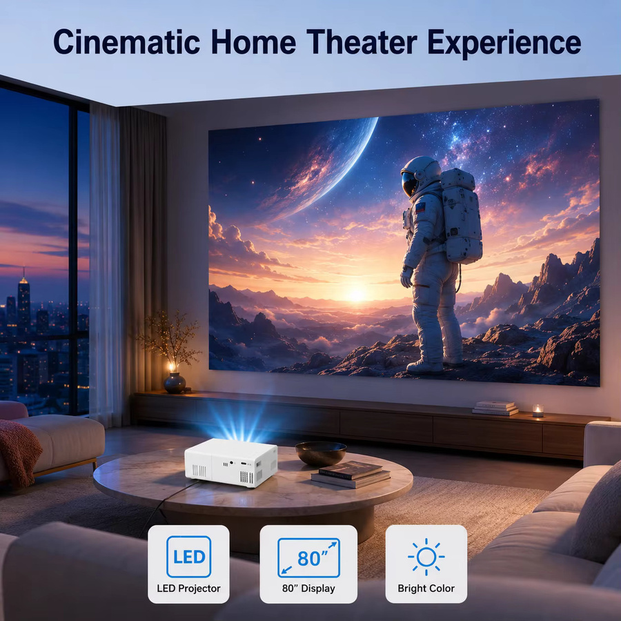 ZNLYRION Smart Projektor mit 4K-Dekodierung, 180 Grad drehbar, WiFi 6 und Android 11, Tragbares Heimkino in Weiß - Bild 7