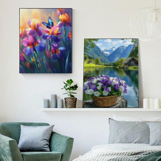 SDOYUNO Diamant-Malerei-Set mit lila Blumen und Landschaft, Full Round Diamanten zum Basteln und als Wanddekoration - Bild 1