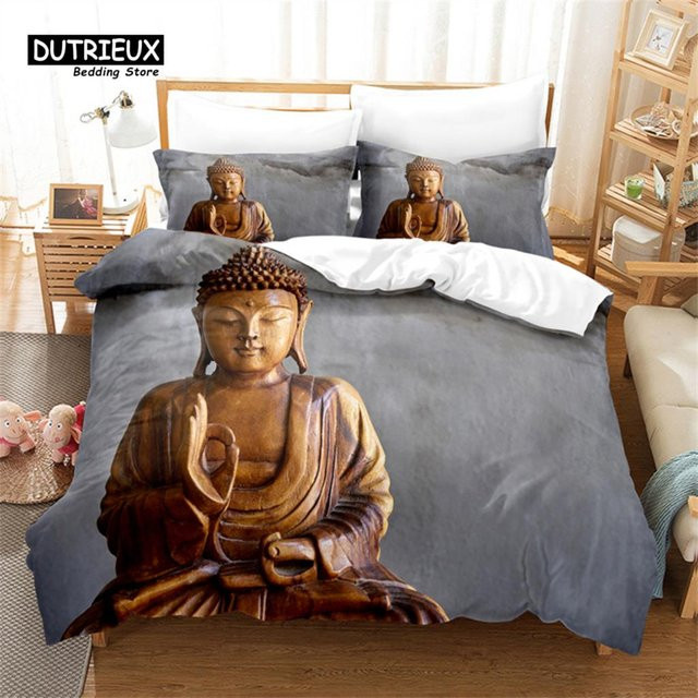 Binchi Outdoor Product Buddha-Statue Bettwäscheset, 3-teiliges Set aus Microfaser in Grau, B/H: 155 x 215 cm - Bild 1
