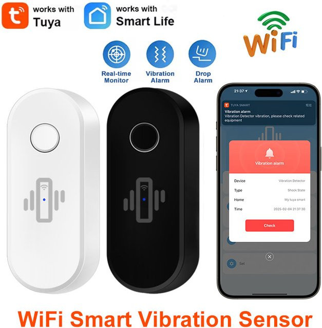 Tuya WiFi-Vibrationsdetektor mit einstellbarer Empfindlichkeit für Smart Life App Echtzeitalarm in Schwarz oder Weiß - Bild 1