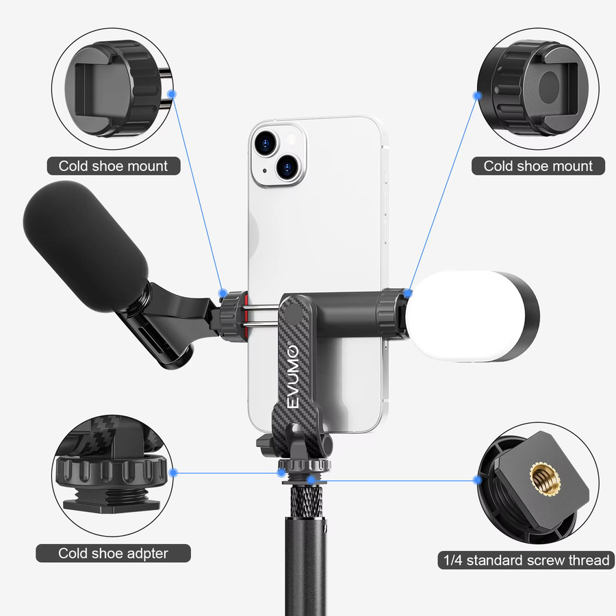 EVUMO PM11 Telefonhalter Klemme mit Dual Cold Shoe Clip, 360 Grad drehbar und 180 Grad neigbar, Schwarz, für 1/4 Zoll Stativ und Kamera-Einbeinstativ - Bild 2