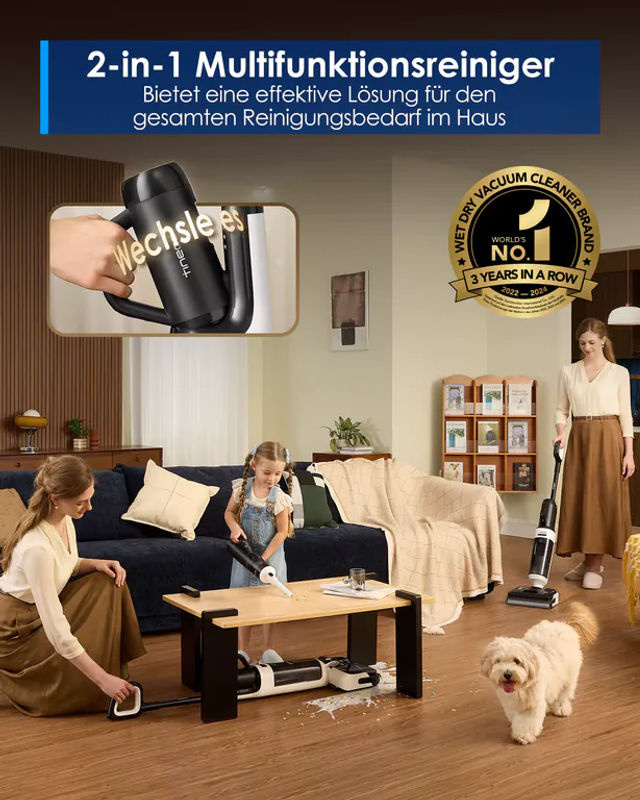 Tineco FLOOR ONE Switch S6 Stretch Breeze 2-in-1 Nass-Trockensauger in Weiß mit 60 Min. Laufzeit, 180° Lay-Flat Funktion, Selbstreinigung und Anti-Wickel-Design für Tierhaare und Polster - Bild 2