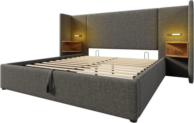 Merax Polsterbett Grau mit integriertem Nachttisch, Leselampe und USB-Ladeport, B/T: 160 x 200 cm - Bild 1