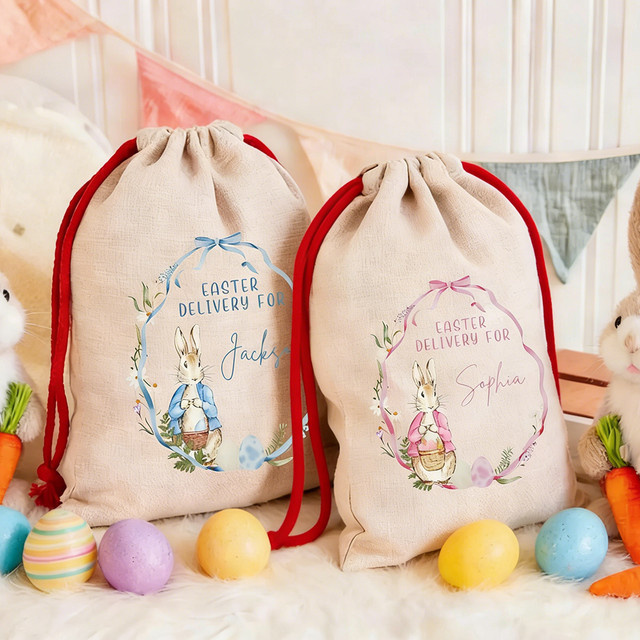 Personalisierte Oster-Geschenktasche mit Namen als Hasen-Sack für die Eiersuche in Blau und Beige für Kinder - Bild 1