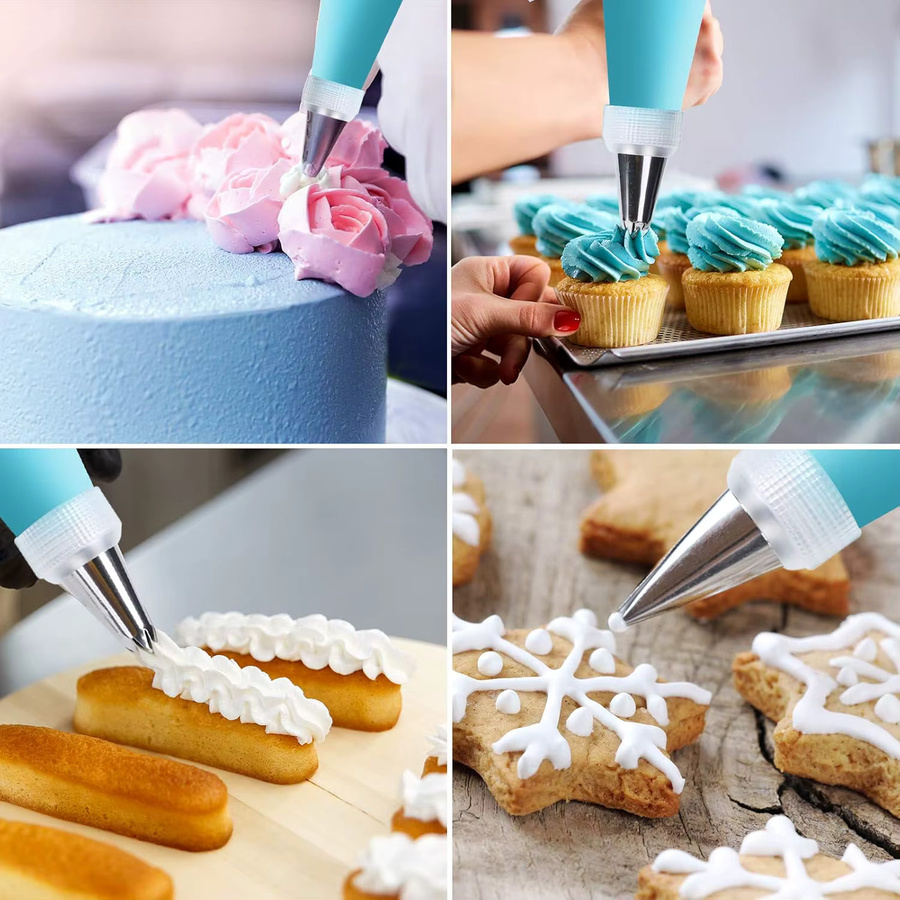 XMSJ 26-teiliges Kuchendekorations-Set mit 24 Spritztüllen aus Edelstahl, PE-Spritzbeutel und Konverter in Silber für DIY Buttercreme- und Fondant-Dekorationen - Bild 2