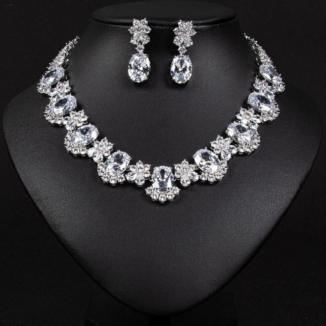 YIRAN Schmuck-Set Halskette, Ohrring, Kupfer, Silber, Zirkonia, Damen - Bild 1