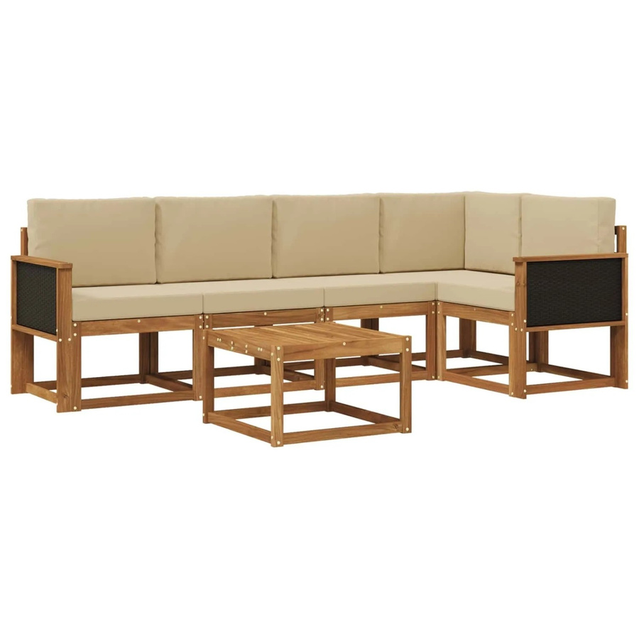 vidaXL Outdoor-Sofagarnitur aus Akazien-Massivholz in L-Form mit Couchtisch und Polstern, 6-teiliges Gartenmöbel-Set in Natur und Beige - Bild 2